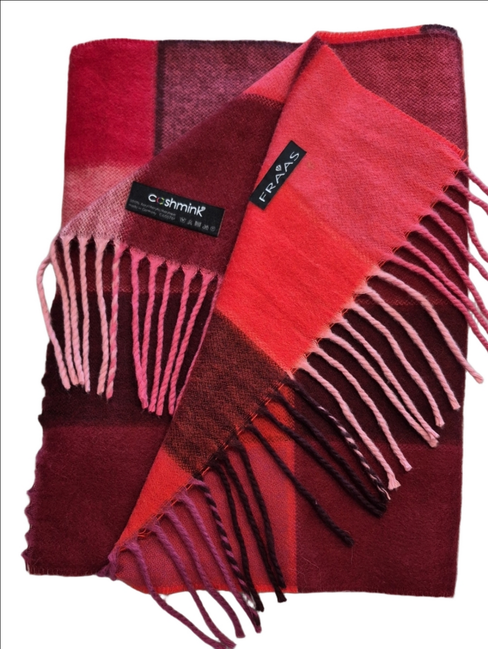 FRAAS Cashmink Red Pink Burgundy Orange Plaid Fringe Winter Scarf 11"x65"